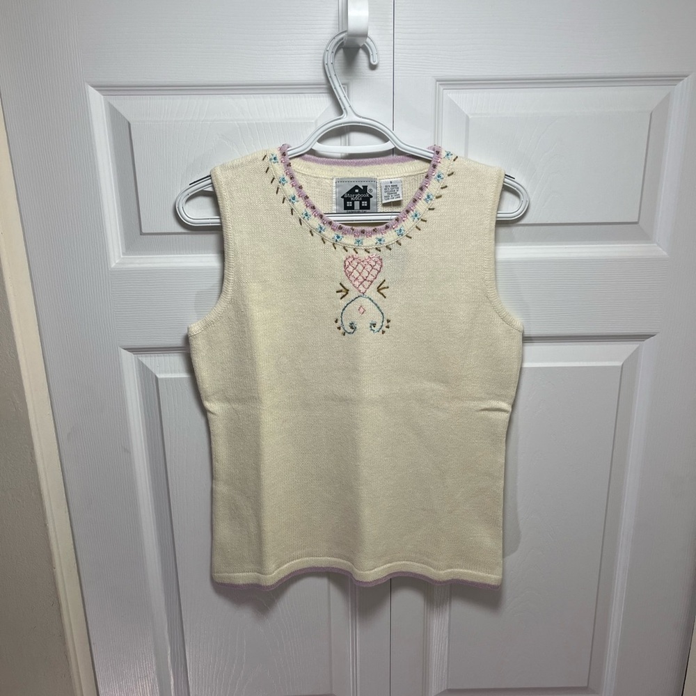 Storybook Knits Cream Knit Tank with Pastel Floral Embroidery
